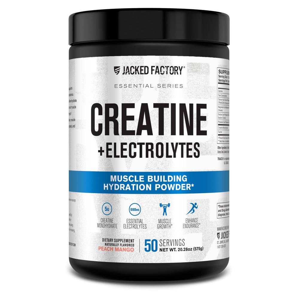 Jacked Factory Creatine Electrolytes peach mango powder bottle for hydration and strength support.