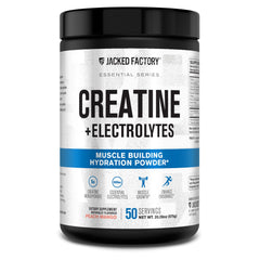 Jacked Factory Creatine Electrolytes peach mango powder bottle for hydration and strength support.