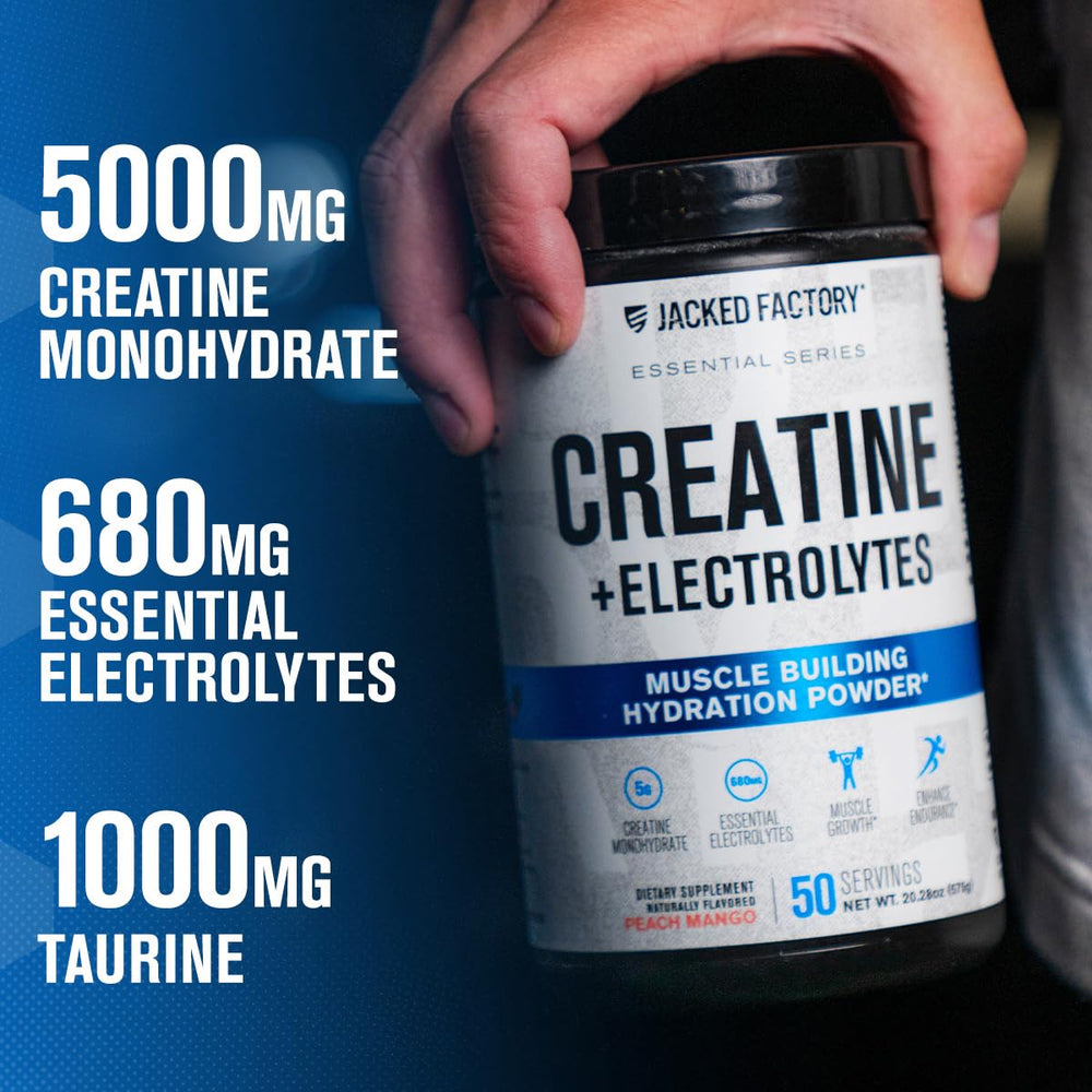 Jacked Factory Creatine Electrolytes powder being poured into water.