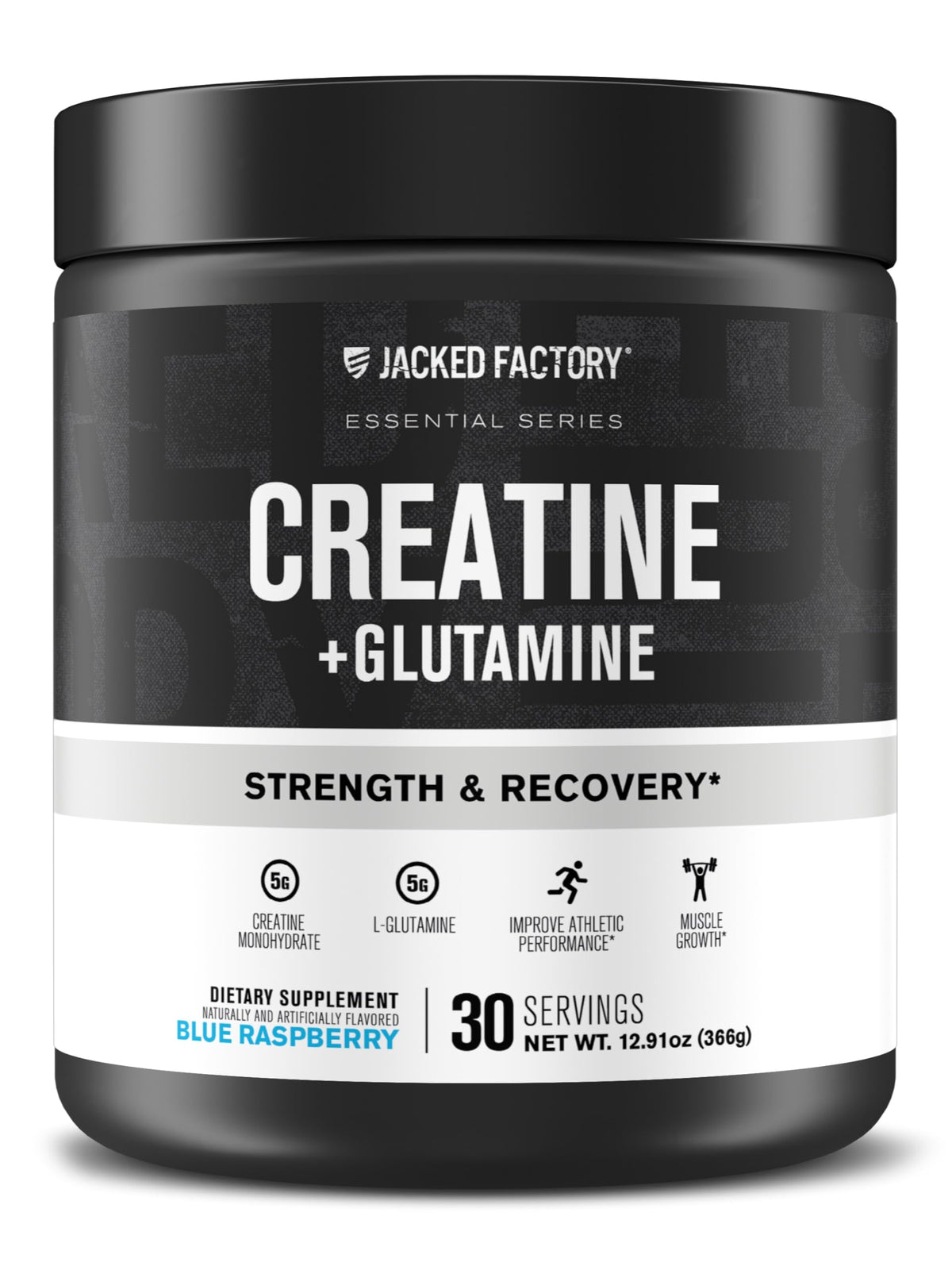 Jacked Factory Creatine and Glutamine bottle front view highlighting muscle support during workouts.