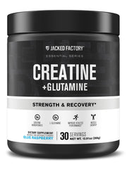 Jacked Factory Creatine and Glutamine bottle front view highlighting muscle support during workouts.