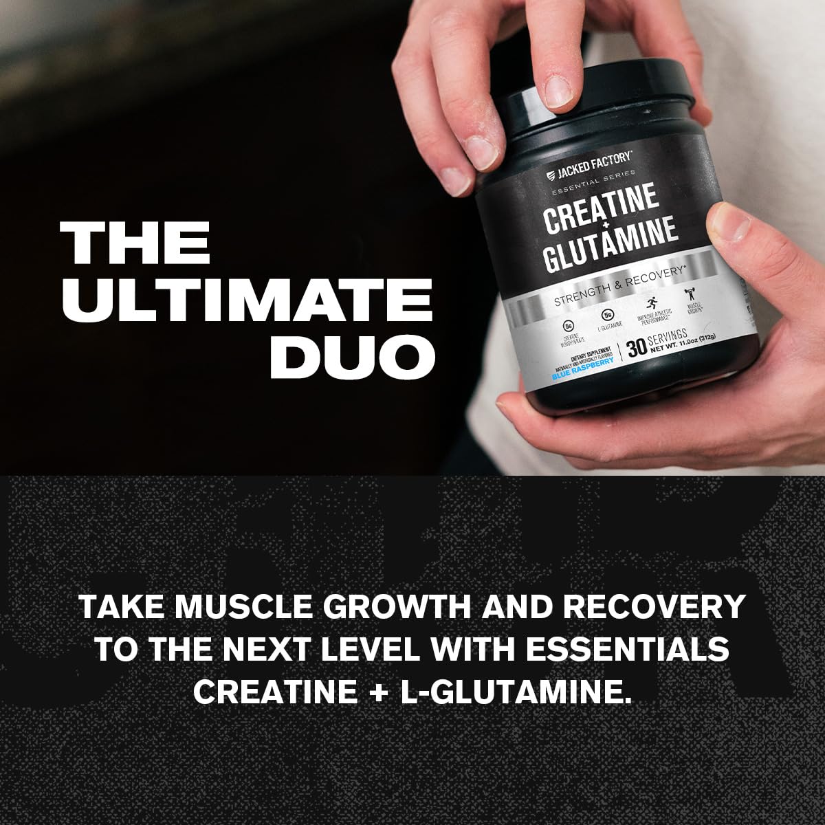 Jacked Factory Creatine and Glutamine bottle side view for consistent daily dosing.
