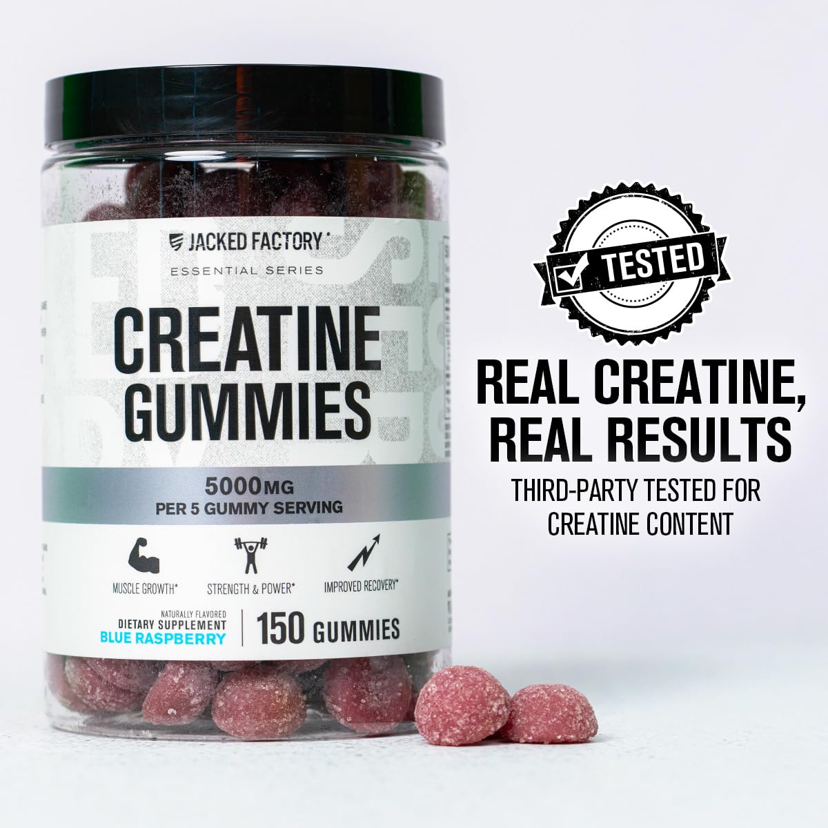 Jacked Factory Creatine Gummies blue raspberry close-up for gym sessions.