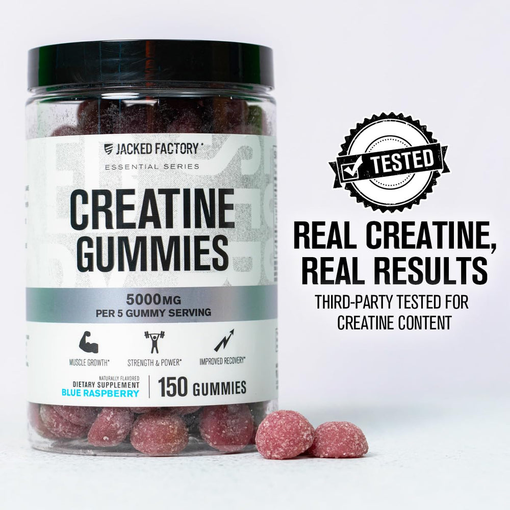 Jacked Factory Creatine Gummies blue raspberry close-up for gym sessions.