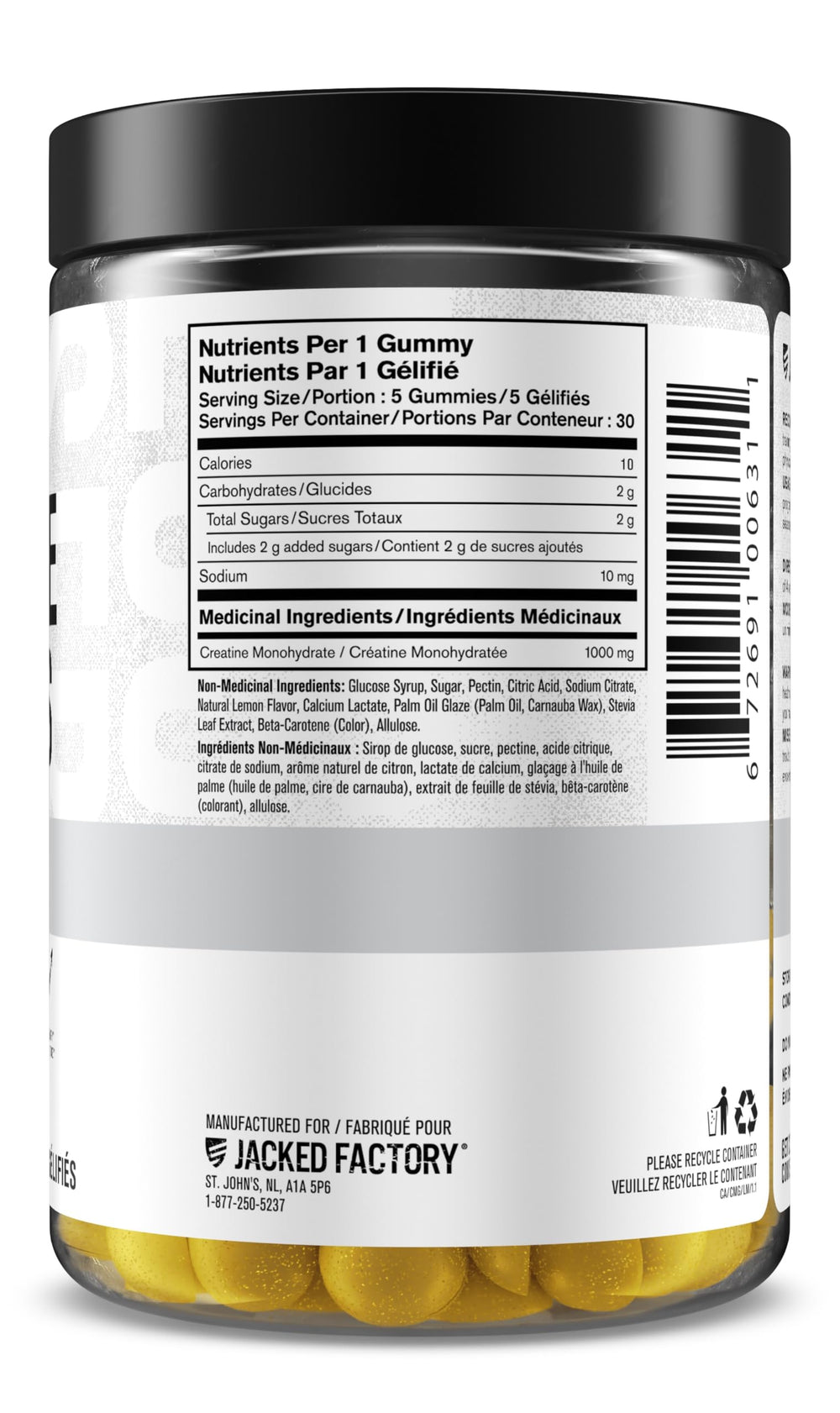 Jacked Factory Creatine Gummies bottle back nutrition panel with clear ingredient info