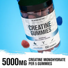 Jacked Factory Creatine Gummies bottle back with nutrition details for daily use.