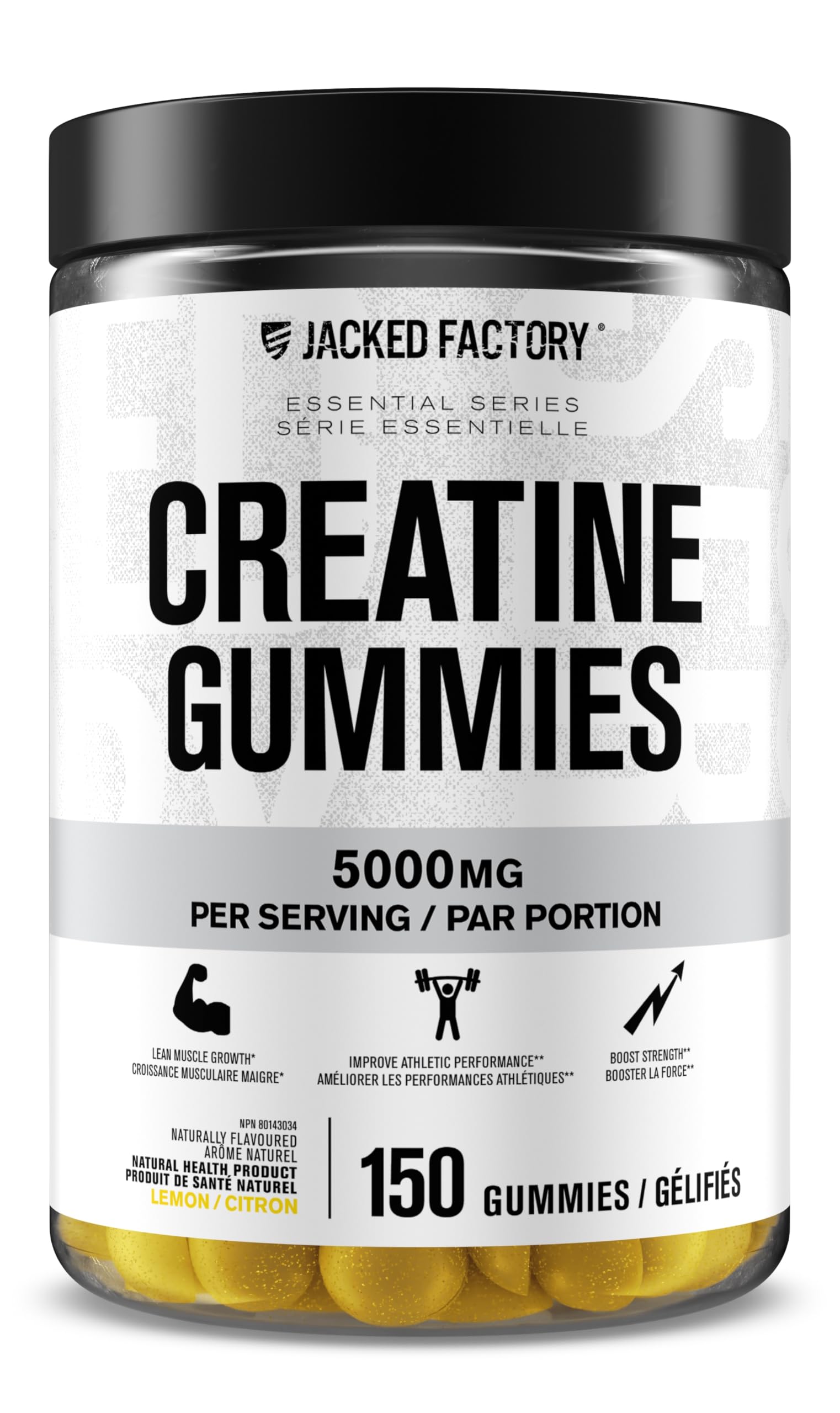 Jacked Factory Creatine Gummies bottle front showing lemon flavor for daily gym fueling