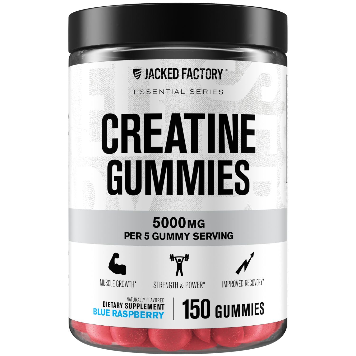 Jacked Factory Creatine Gummies bottle front, convenient daily supplementation for workouts.