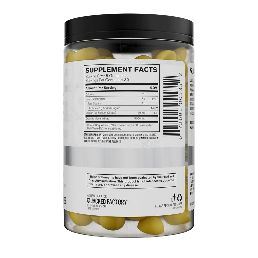 Jacked Factory Creatine Gummies vegan-friendly label highlights plant-based chewable supplement