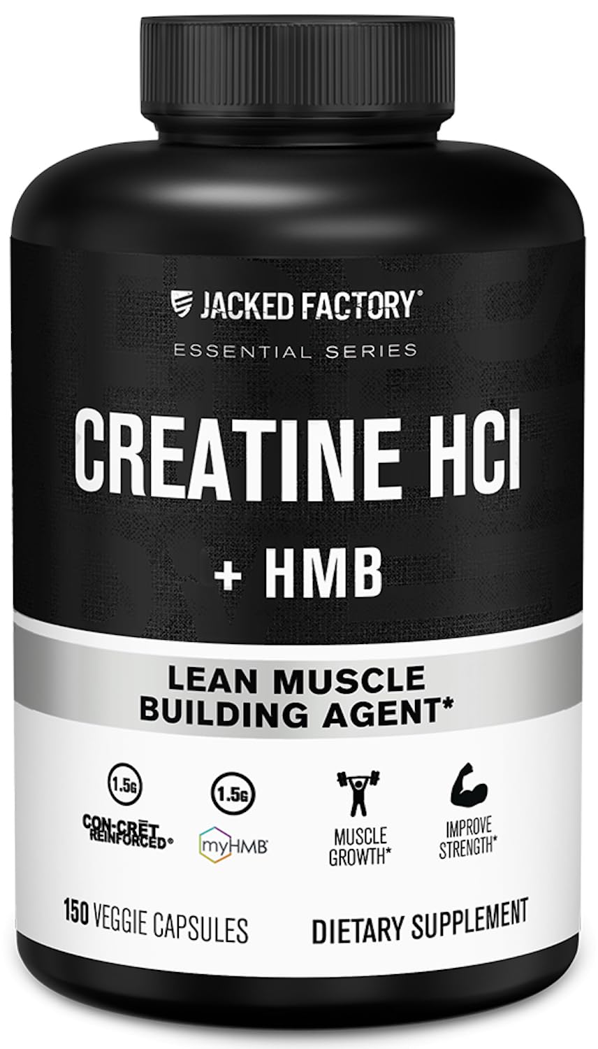 Jacked Factory Creatine HCL + HMB capsules bottle highlighting high-potency formula for workouts.