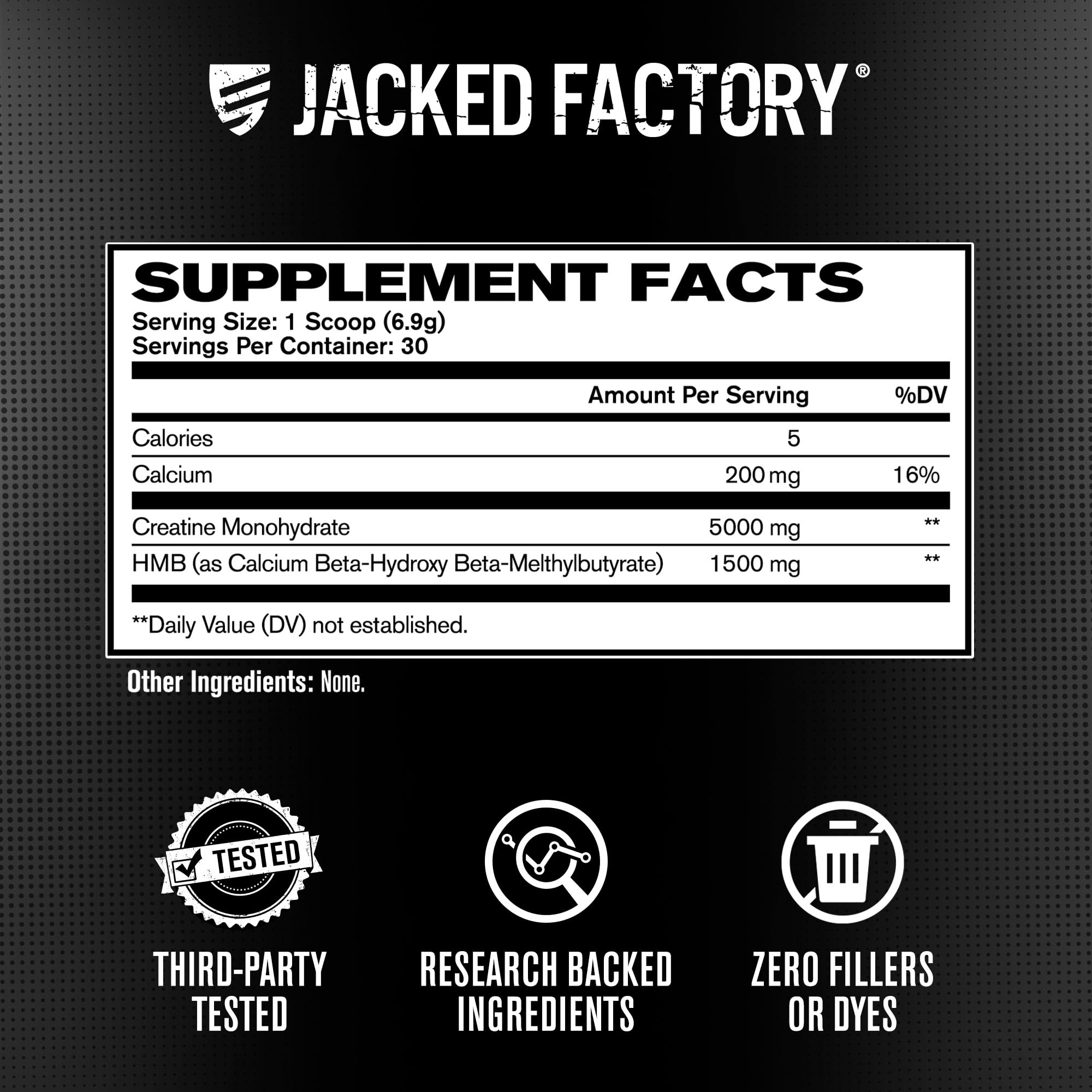 Jacked Factory Creatine HMB powder label closeup—clear branding and ingredients.