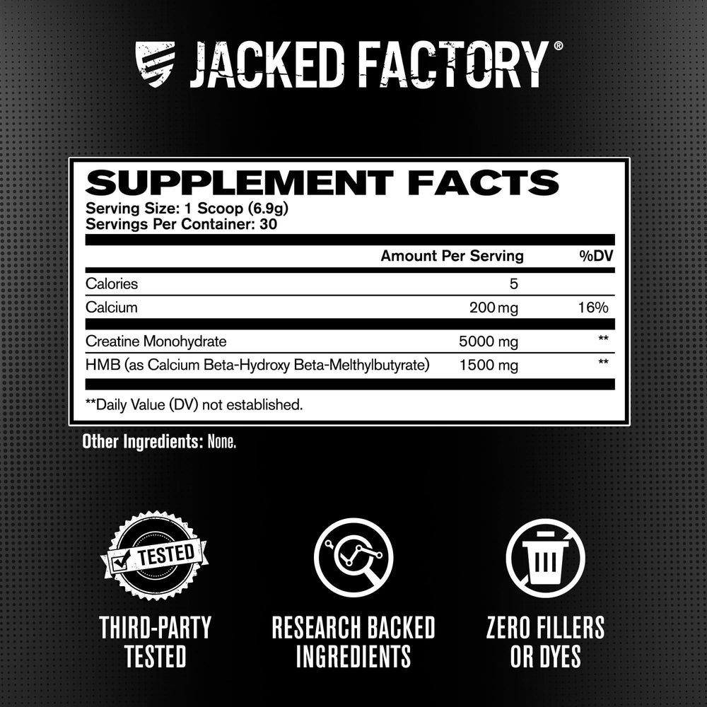 Jacked Factory Creatine HMB powder label closeup—clear branding and ingredients.