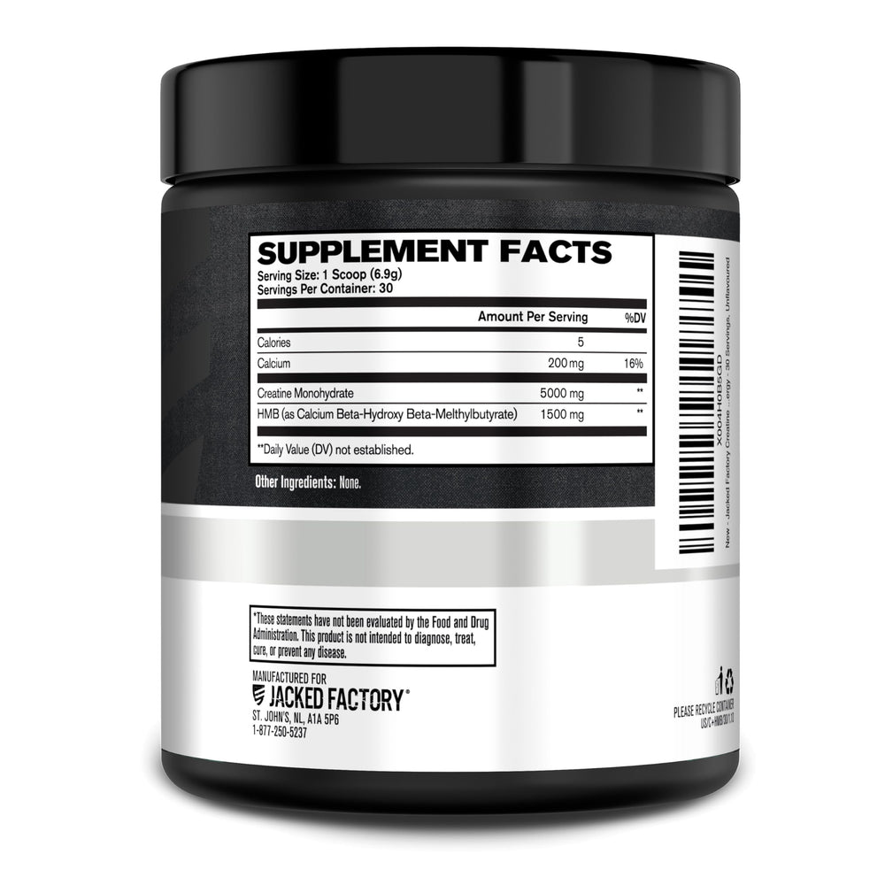 Jacked Factory Creatine HMB powder label design—trustworthy packaging for daily use.
