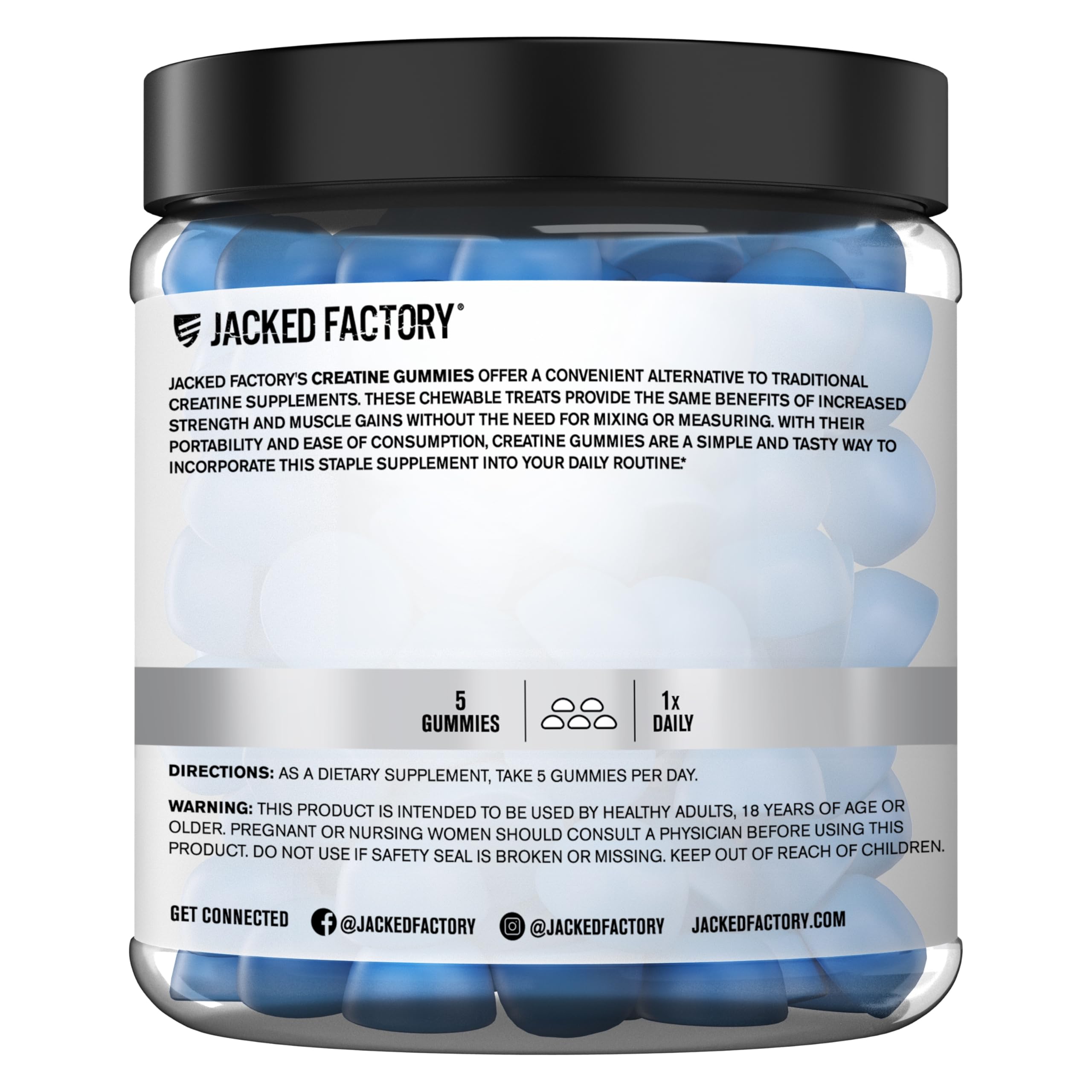 Jacked Factory Creatine Monohydrate Gummies blue raspberry flavor adds taste appeal.