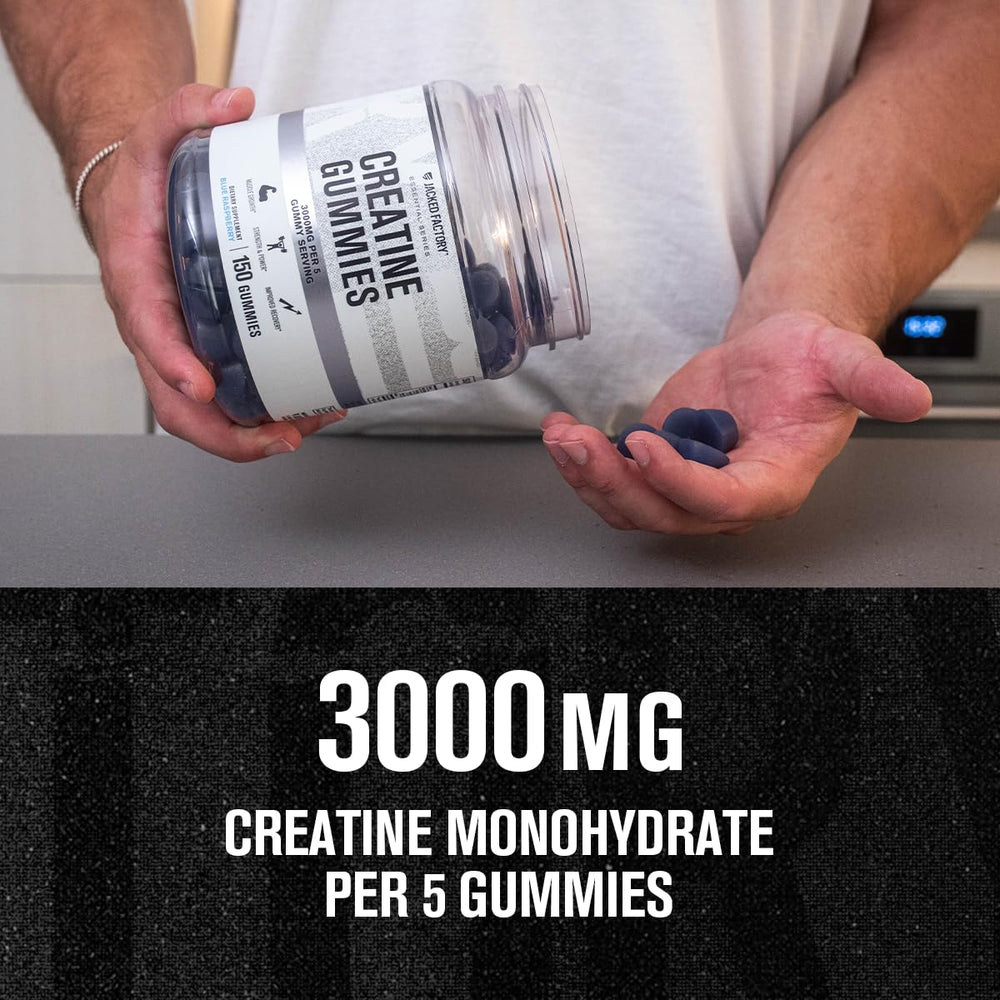Jacked Factory Creatine Monohydrate Gummies bottle back lists potency and serving details.