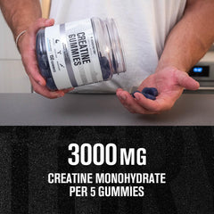 Jacked Factory Creatine Monohydrate Gummies bottle back lists potency and serving details.