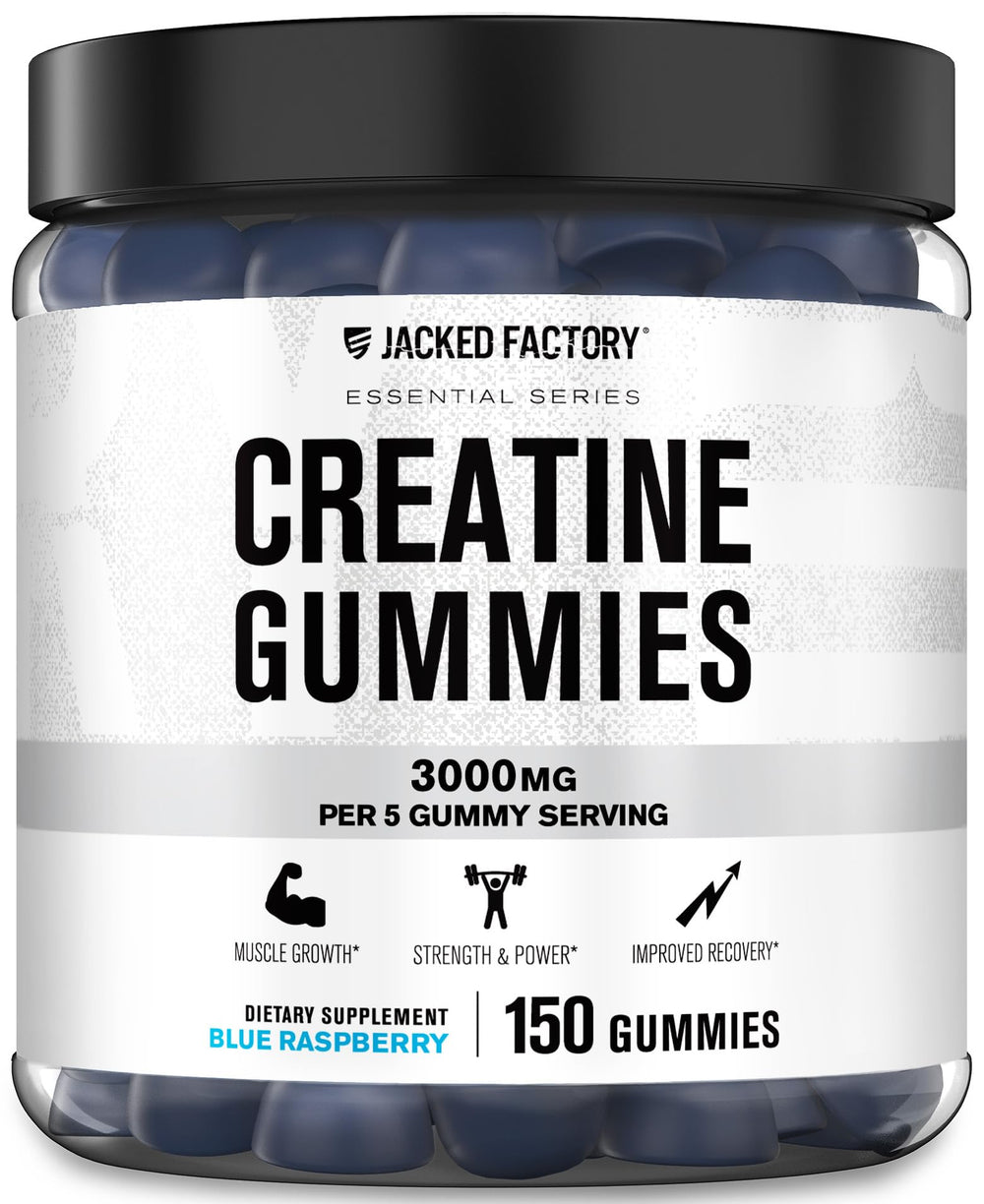 Jacked Factory Creatine Monohydrate Gummies bottle front shows convenient dosing for workouts.