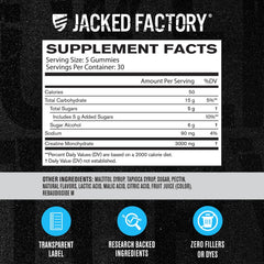 Jacked Factory Creatine Monohydrate Gummies close-up reveals gummy texture and blue raspberry hint.