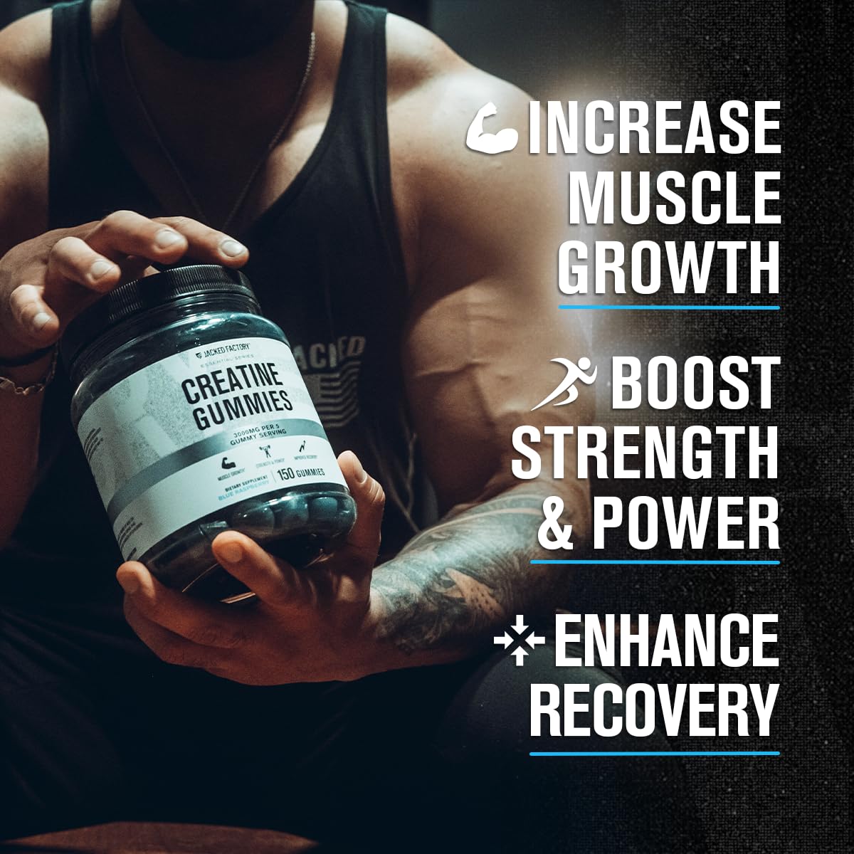 Jacked Factory Creatine Monohydrate Gummies ingredients label highlights quality manufacturing.
