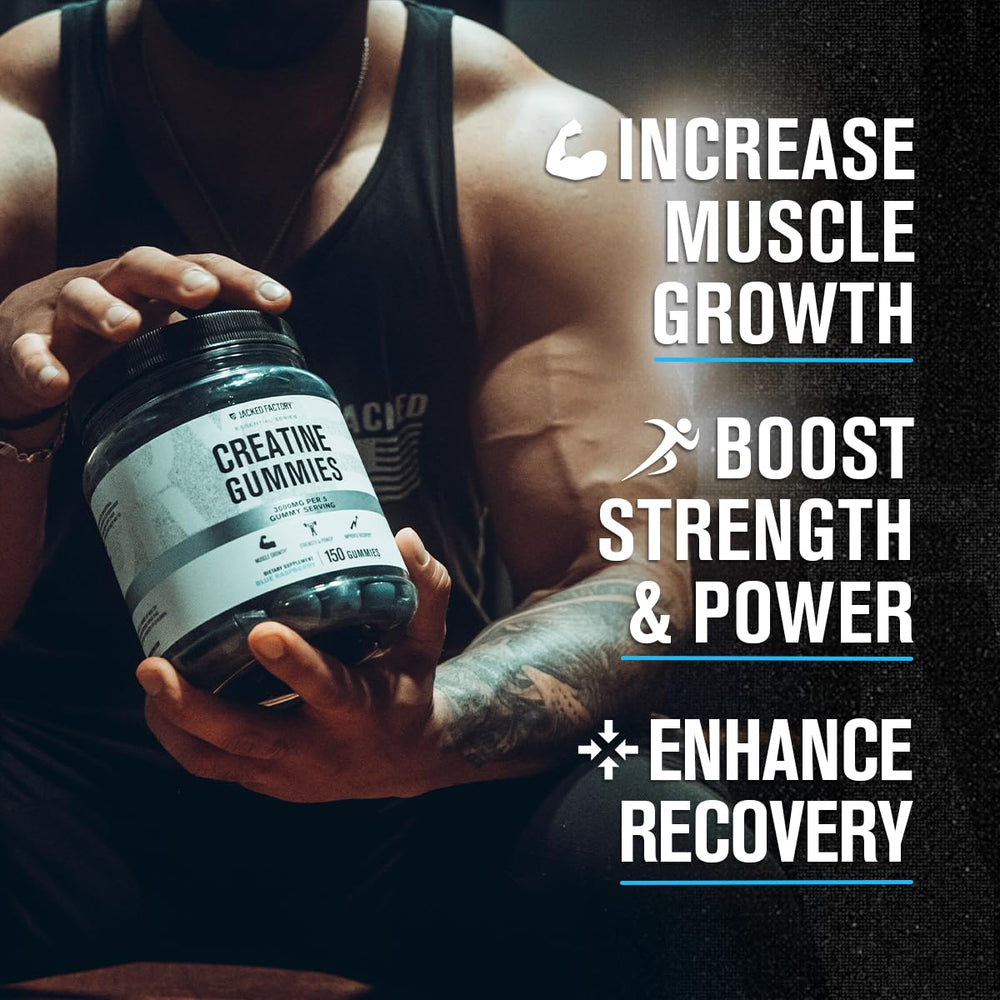Jacked Factory Creatine Monohydrate Gummies ingredients label highlights quality manufacturing.