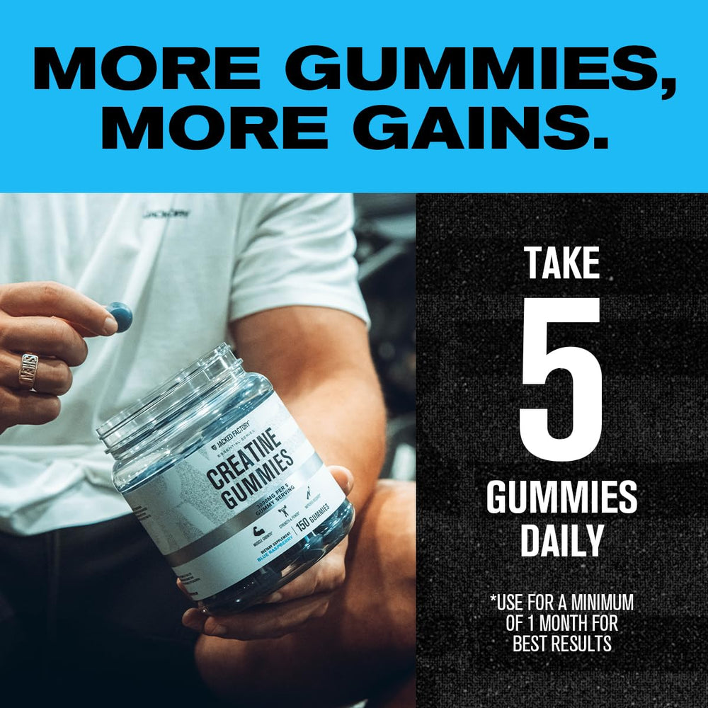 Jacked Factory Creatine Monohydrate Gummies packaging shows 150-count value.