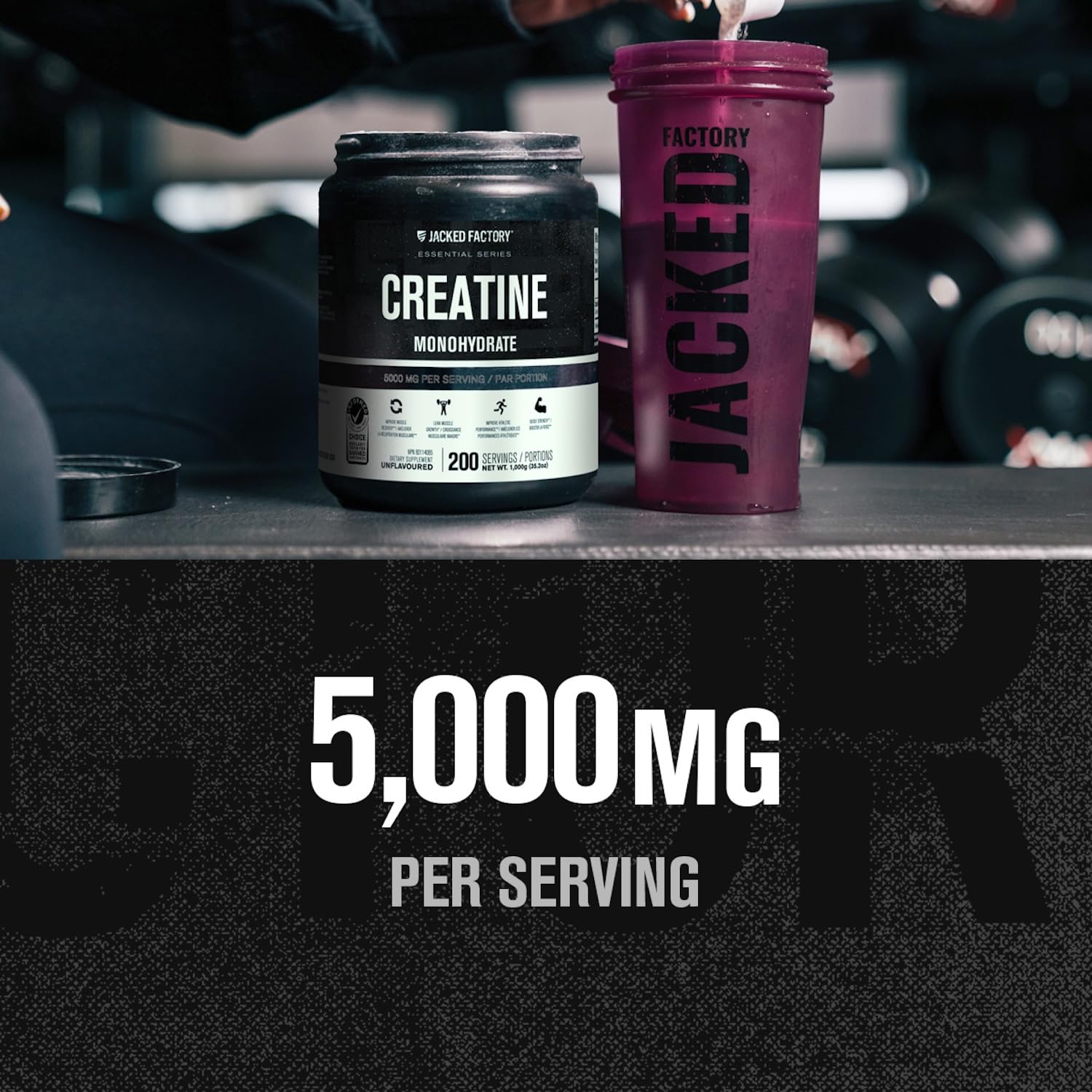 Close-up of Jacked Factory label on creatine monohydrate packaging.