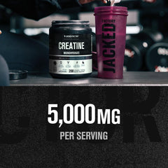 Close-up of Jacked Factory label on creatine monohydrate packaging.