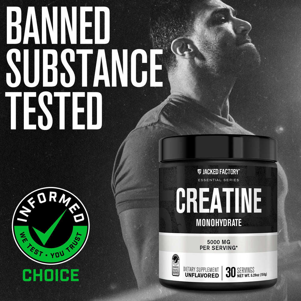 Jacked Factory Creatine Monohydrate front label highlighting quality and third-party testing.