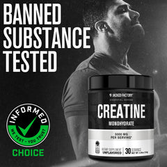 Jacked Factory Creatine Monohydrate front label highlighting quality and third-party testing.