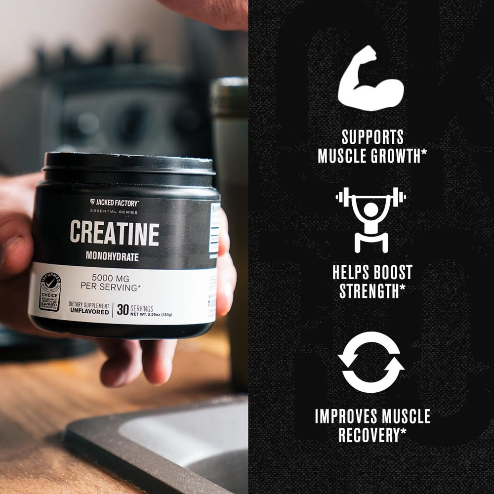 Unflavored creatine powder in jar ideal for smoothies and beverages.