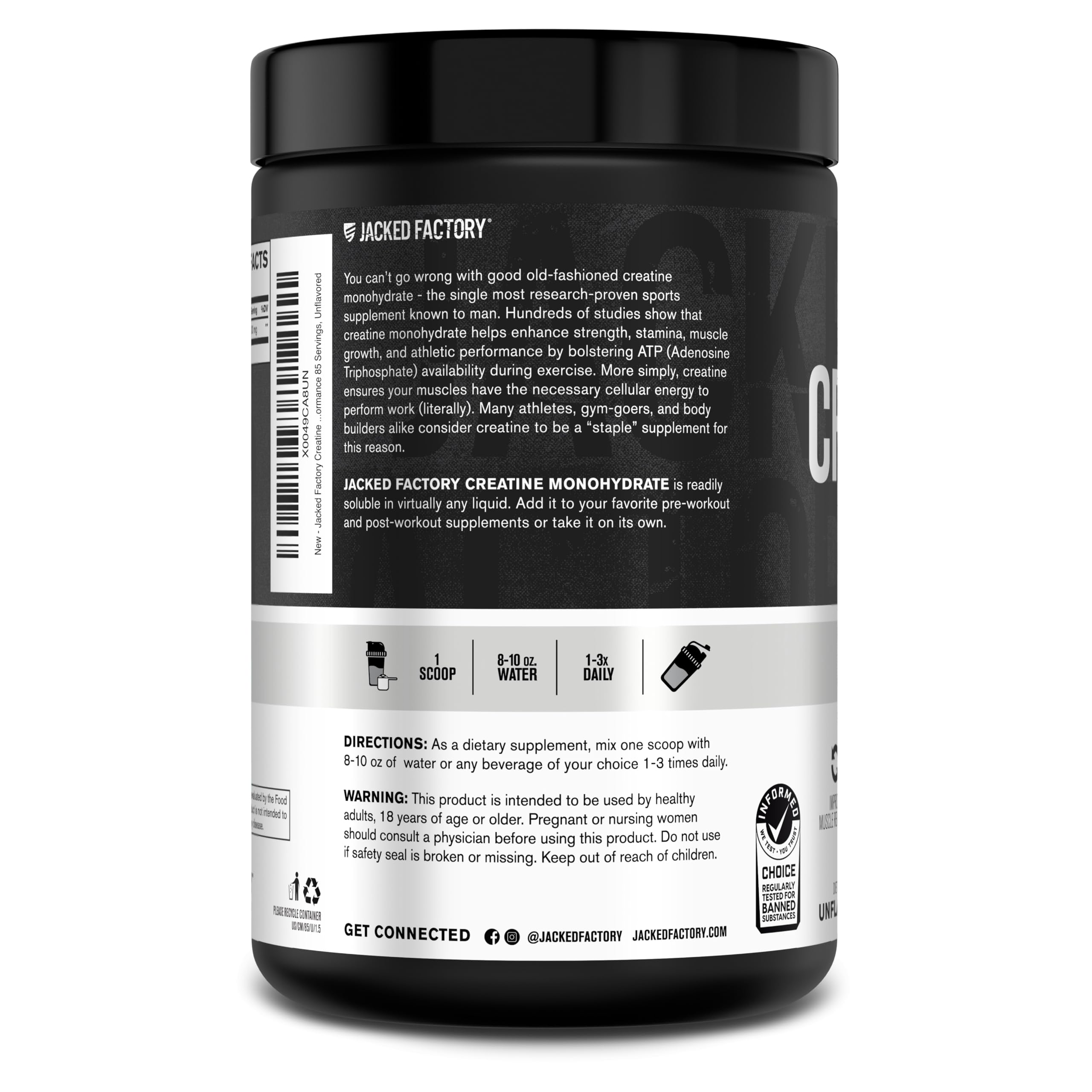 Third-party testing badge on Jacked Factory packaging for transparency