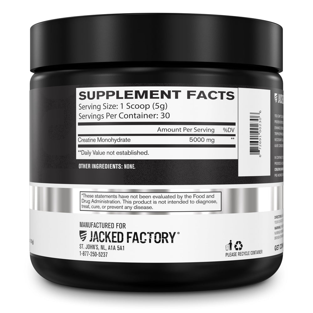 Jacked Factory vegan-friendly creatine powder clearly labeled for plant-based lifestyles.