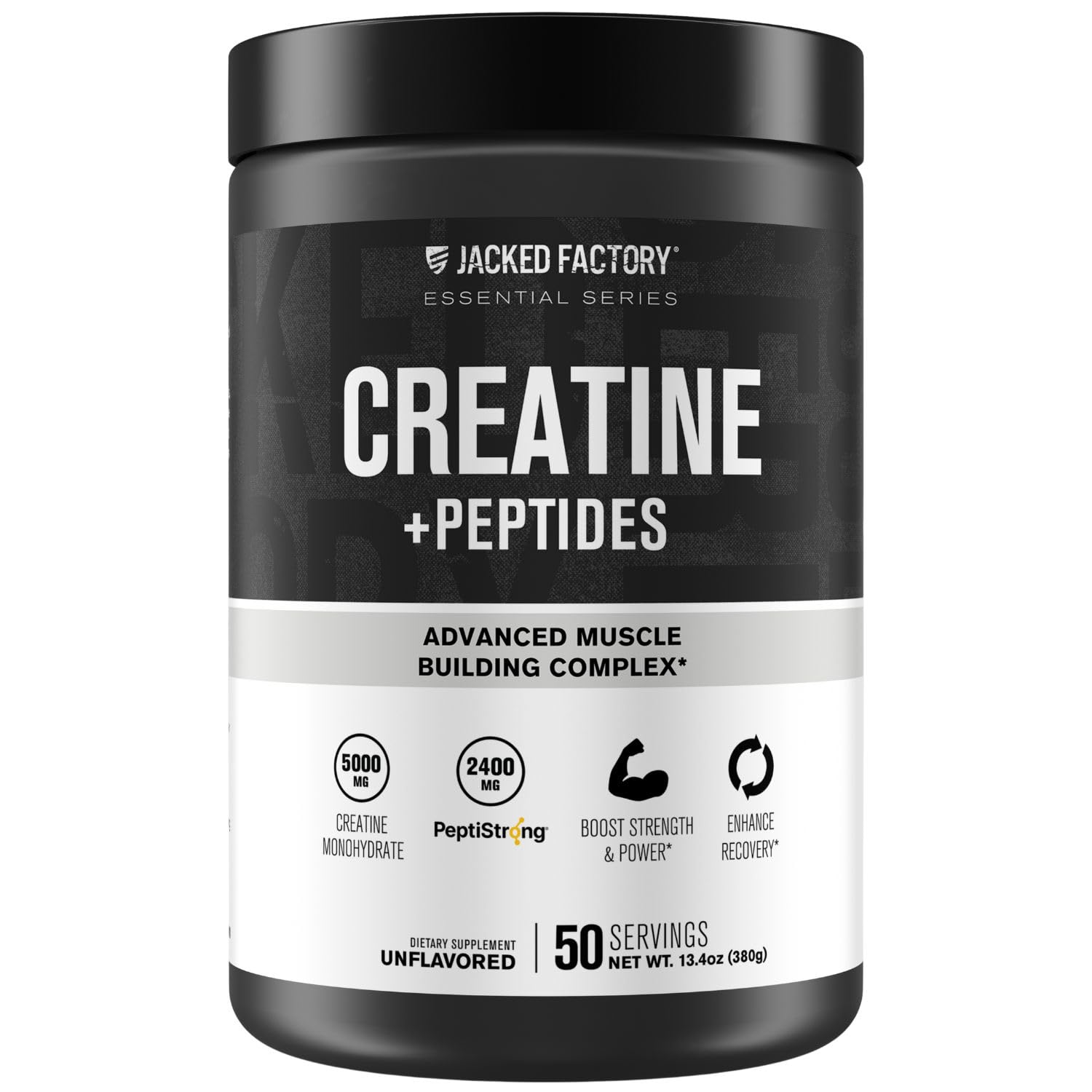 Jacked Factory Creatine + Peptides bottle label shows strength support for workouts.
