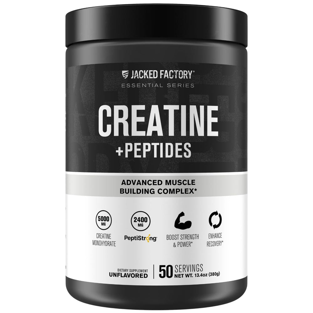 Jacked Factory Creatine + Peptides bottle label shows strength support for workouts.