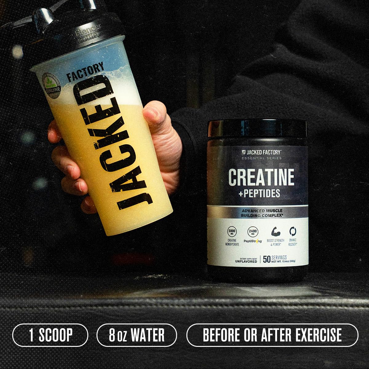 On-the-go fueling with Jacked Factory Creatine + Peptides in gym bag.