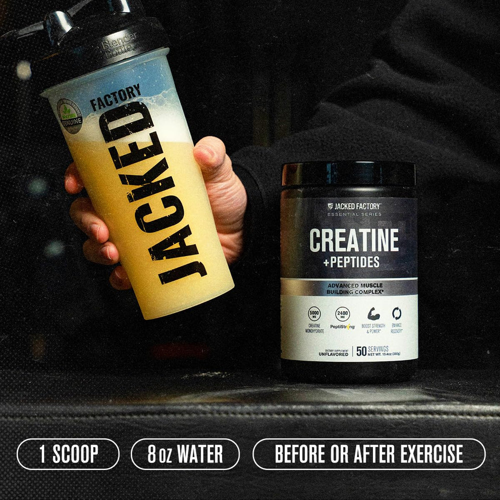 On-the-go fueling with Jacked Factory Creatine + Peptides in gym bag.