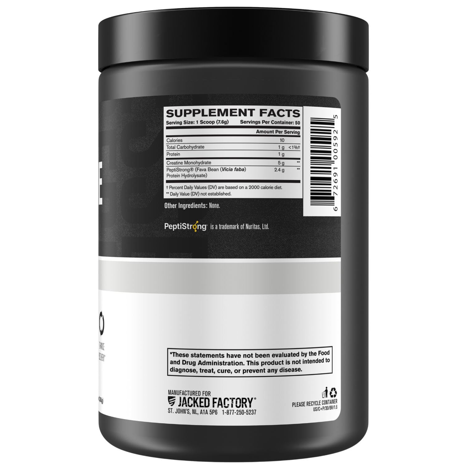 Close-up of Jacked Factory Creatine + Peptides packaging in a gym setting.