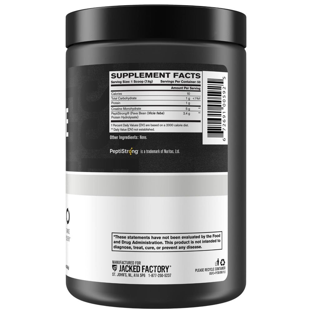 Close-up of Jacked Factory Creatine + Peptides packaging in a gym setting.