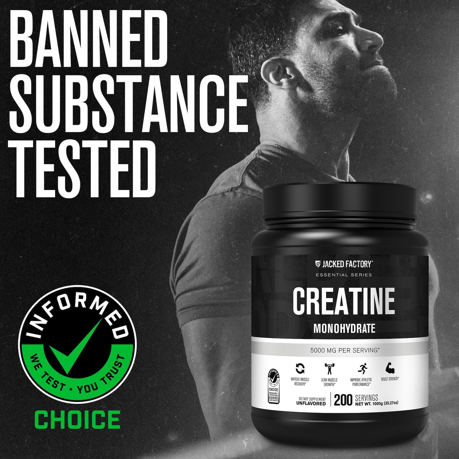 Scoop beside the tub for easy 5 g servings with Jacked Factory creatine.