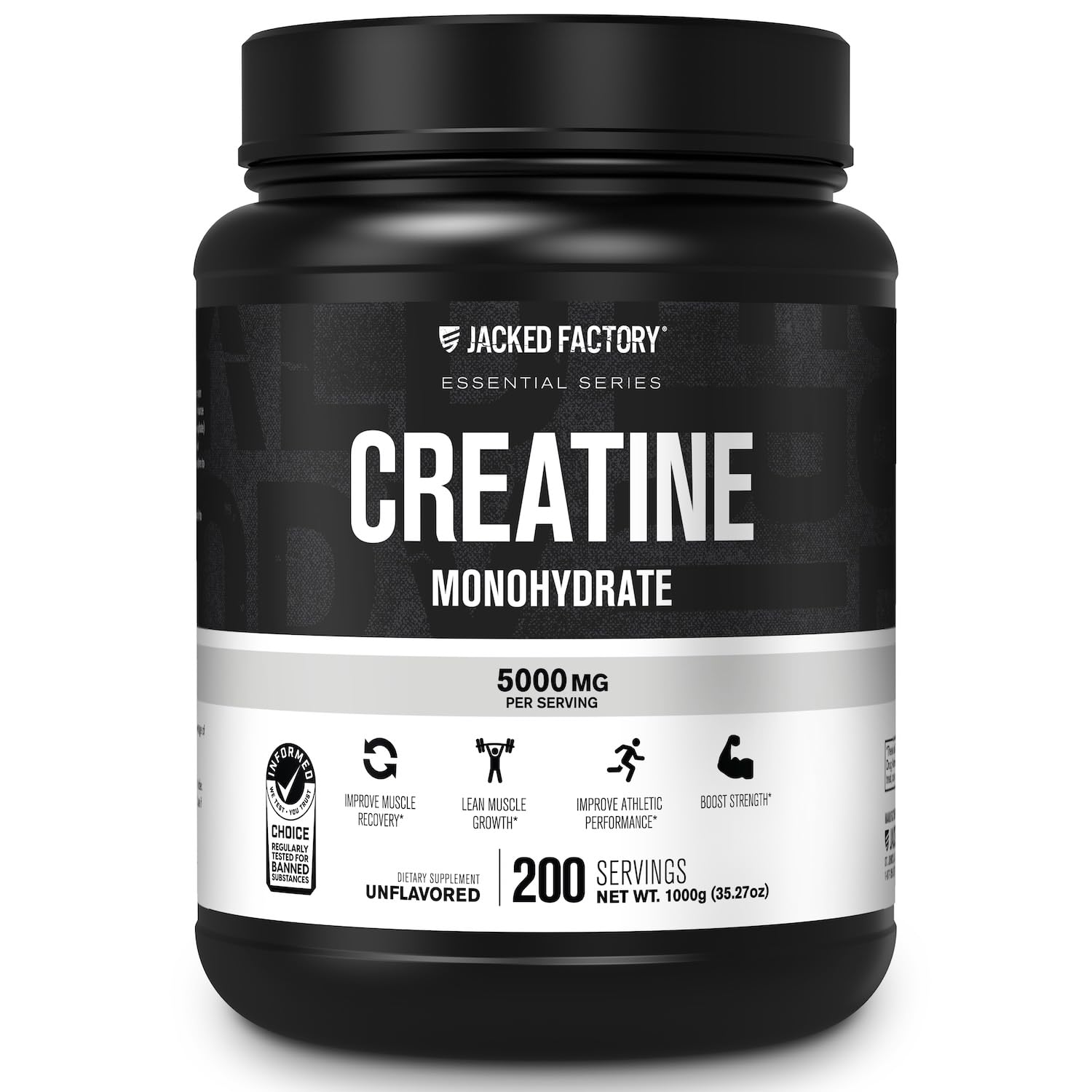 Jacked Factory creatine powder tub 1000g ready for workouts.