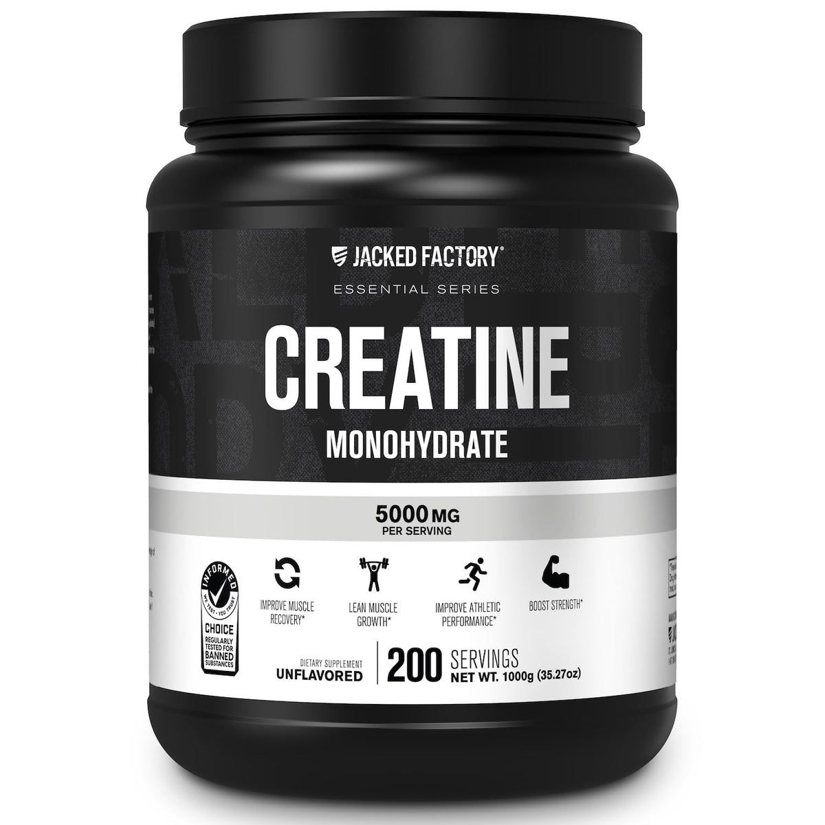 Jacked Factory creatine powder tub 1000g ready for workouts.