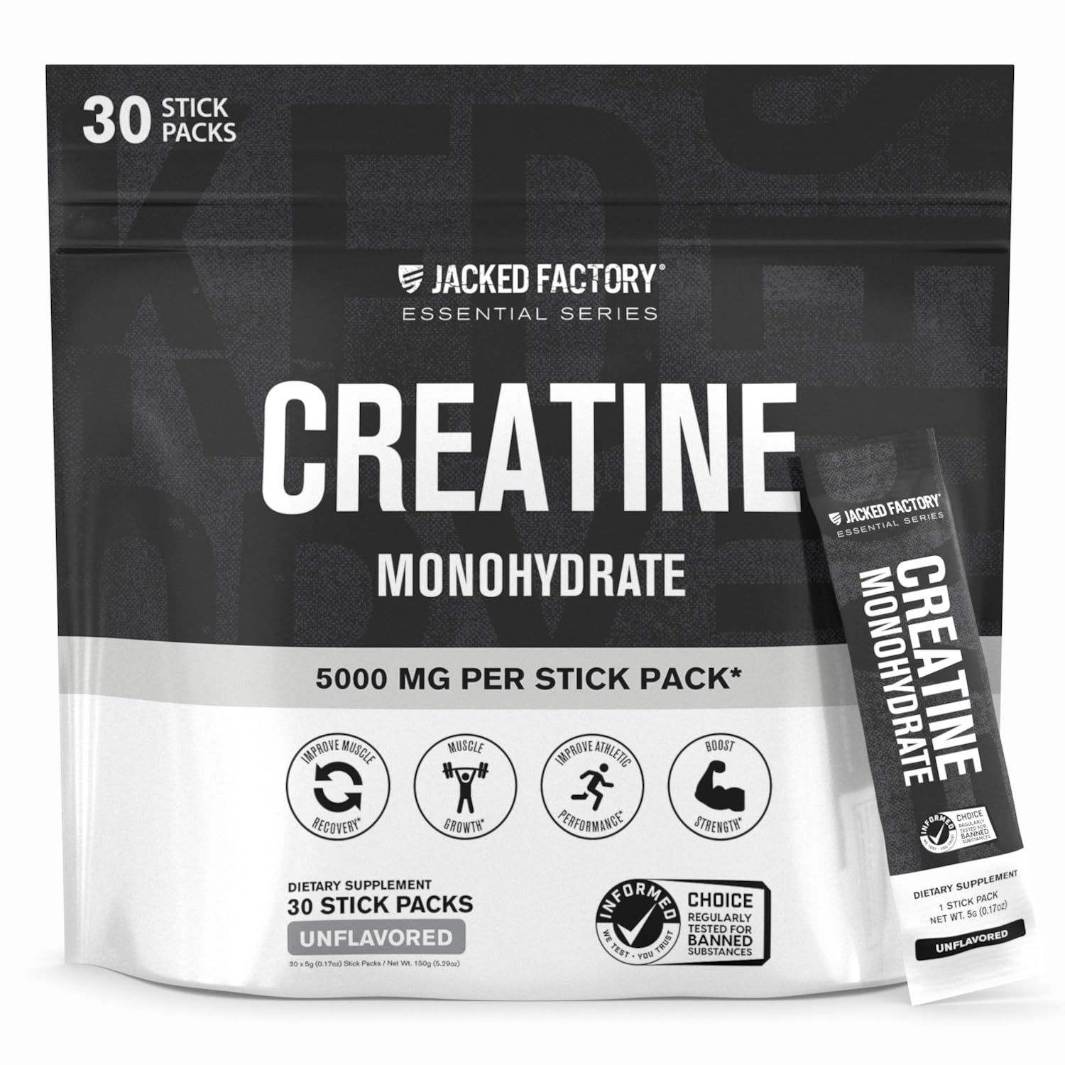 Jacked Factory Creatine Stick Pack box with 30 servings for intense training