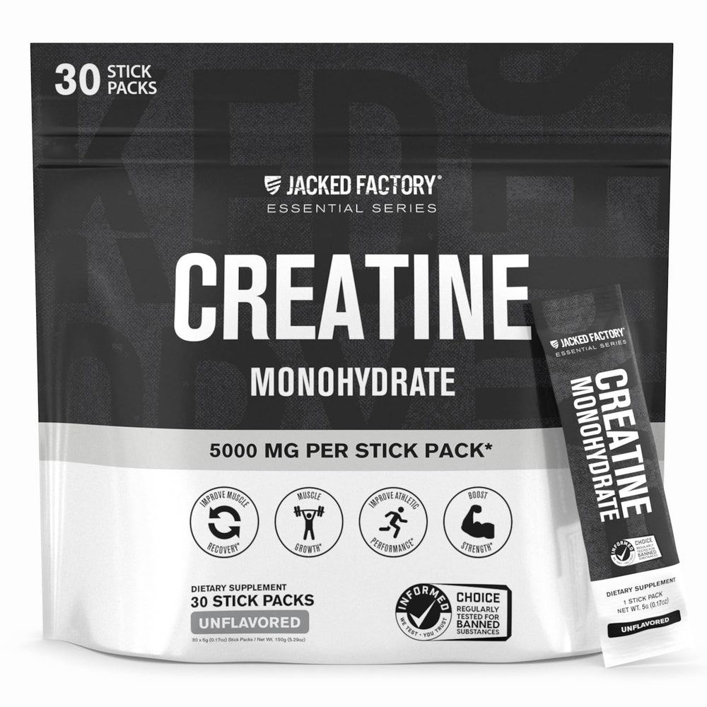 Jacked Factory Creatine Stick Pack box with 30 servings for intense training