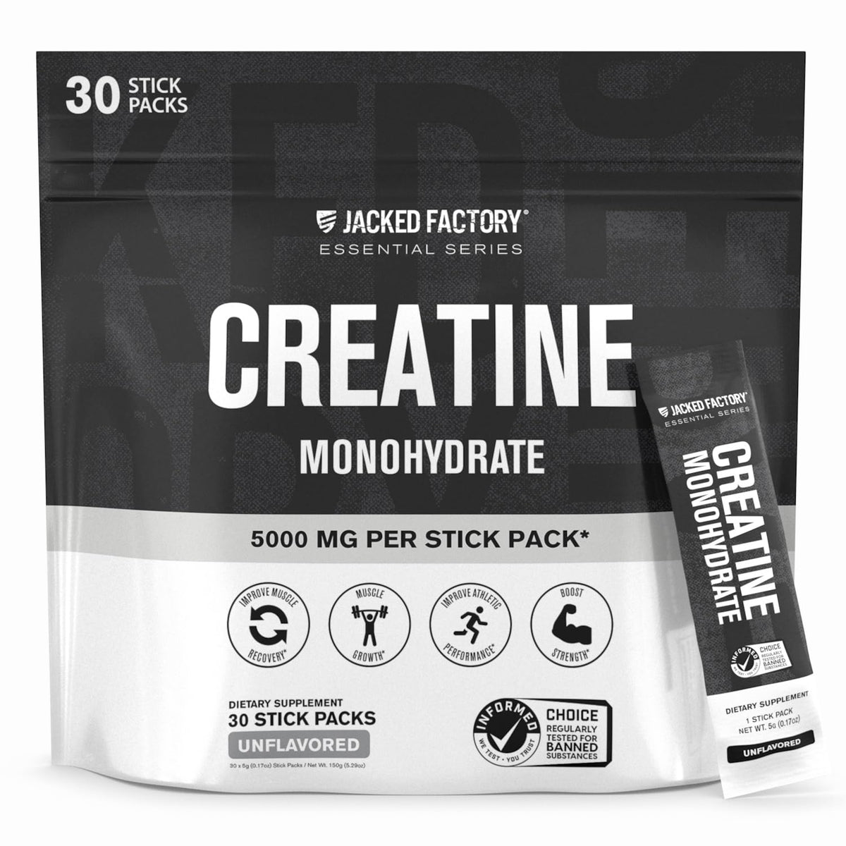 Jacked Factory Creatine Stick Pack box with 30 servings for intense training