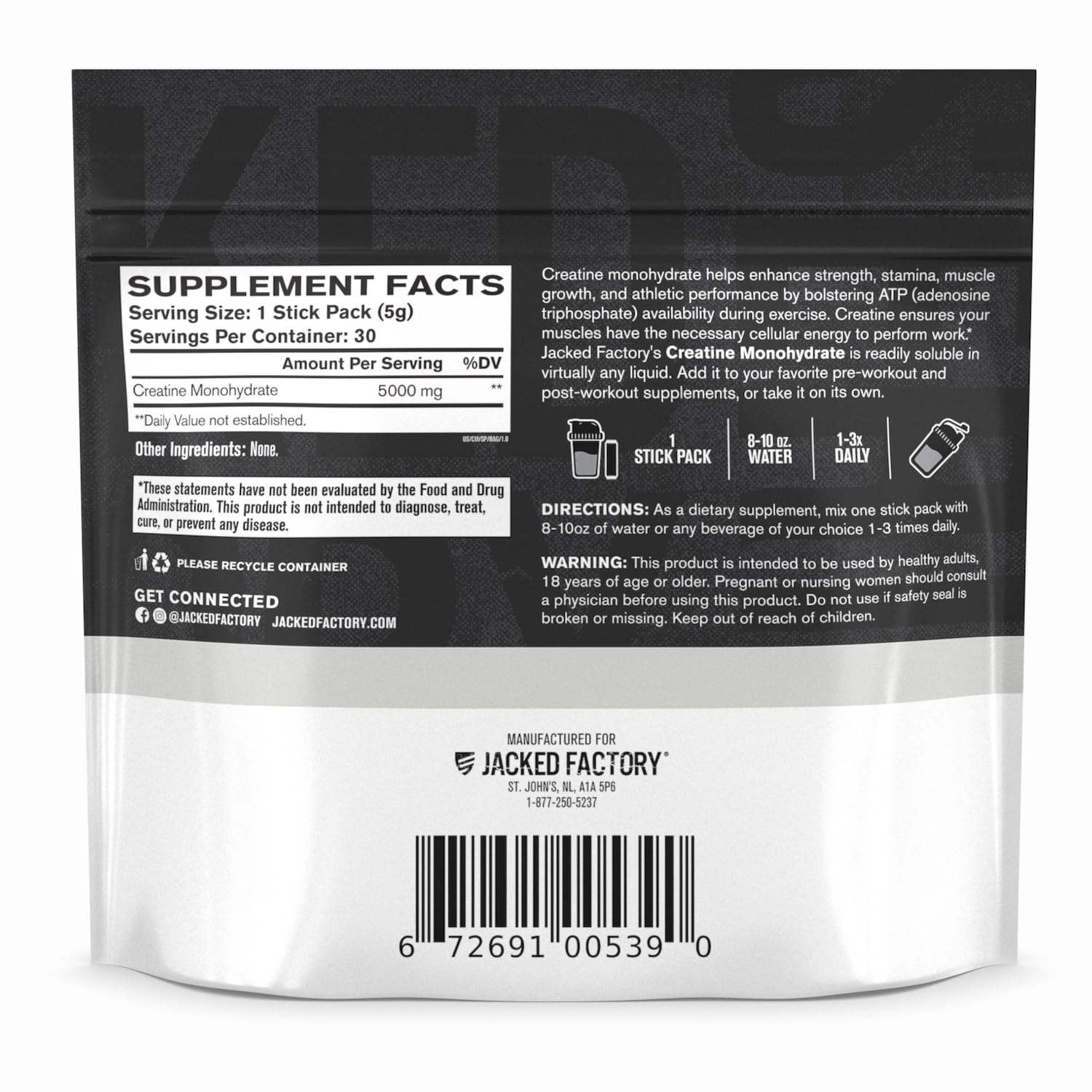 Jacked Factory Creatine Stick Pack label highlights third-party testing and vegan-friendly formula