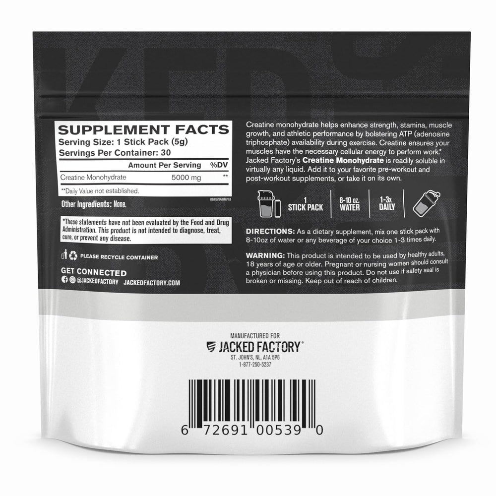 Jacked Factory Creatine Stick Pack label highlights third-party testing and vegan-friendly formula