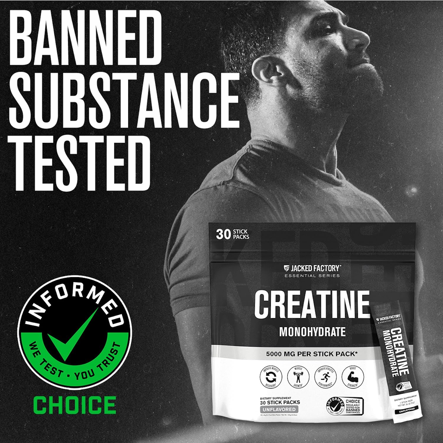 Jacked Factory Creatine Stick Pack in a gym bag for travel convenience