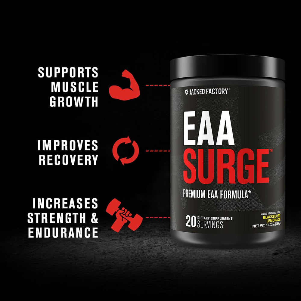Jacked Factory EAA Surge scoop dispense, quick mixing for intra-workout sipping.