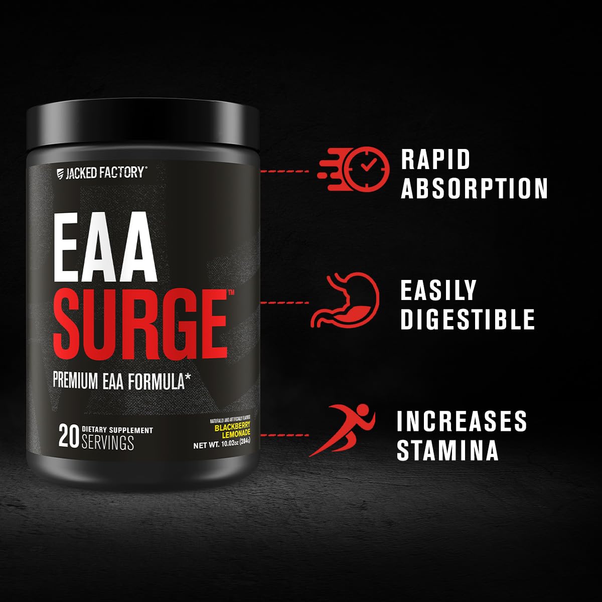 Jacked Factory EAA Surge tub label, highlights Amino9 and electrolytes for performance.
