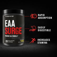 Jacked Factory EAA Surge tub label, highlights Amino9 and electrolytes for performance.